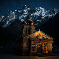Sacred Badrinath Temple with colorful facade set against Himalayan mountains