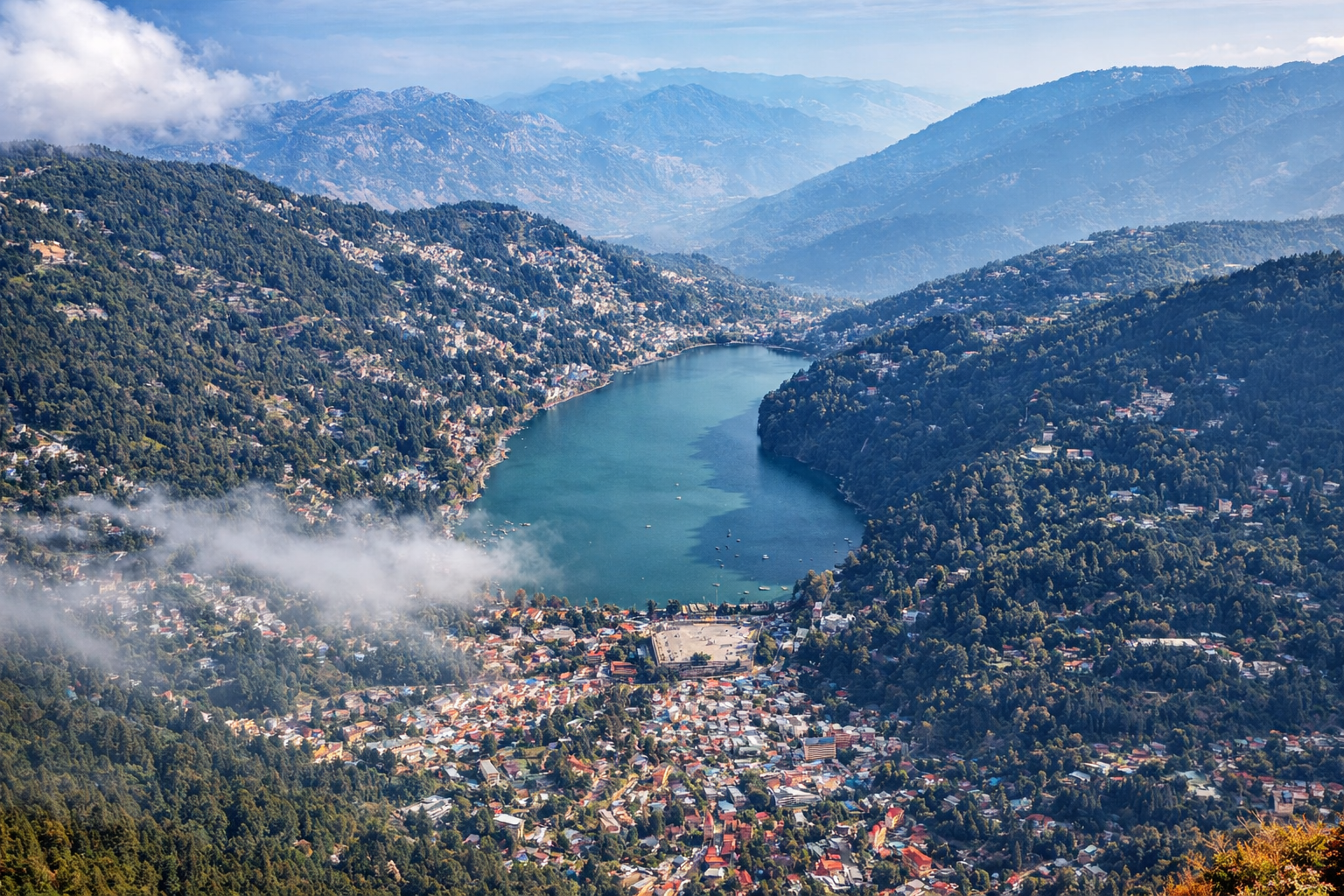Scenic view of Nainital with Naini Lake surrounded by hills, one of the uttarakhand best places for nature lovers