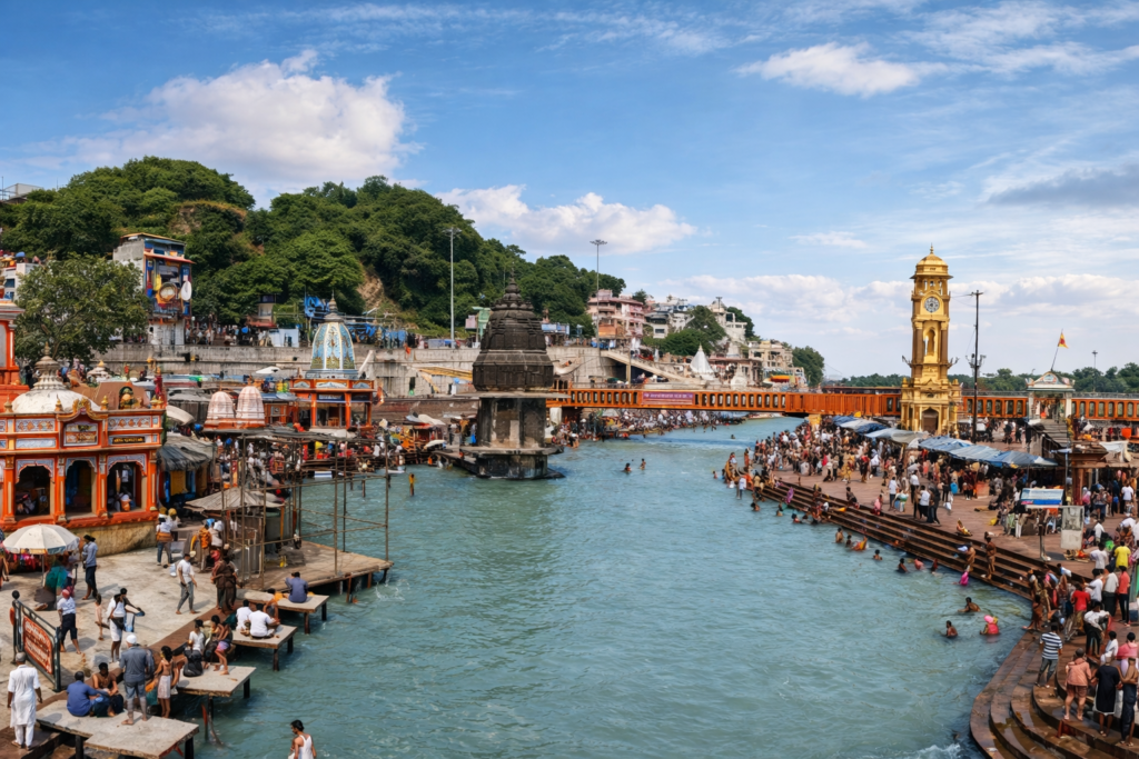 Holy Ganga River flowing through Haridwar with temples and pilgrims on the ghats